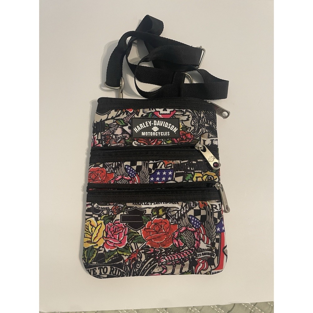 HARLEY DAVIDSON Crossbody Bag Purse - Roses Hearts Skull Tattoo Art w/adj Strap